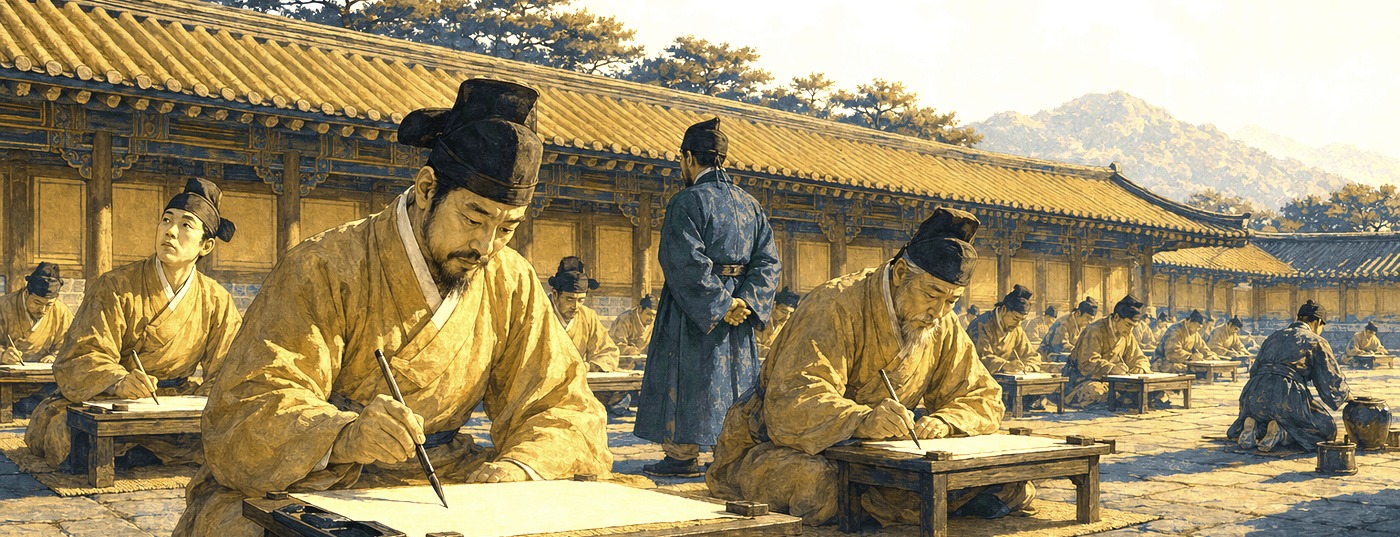 The Tall Specialist Empire – scholars taking an examination in a palace courtyard