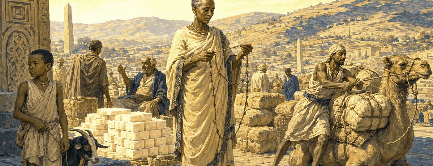 The Trade Network – merchants weighing goods beside a loaded camel