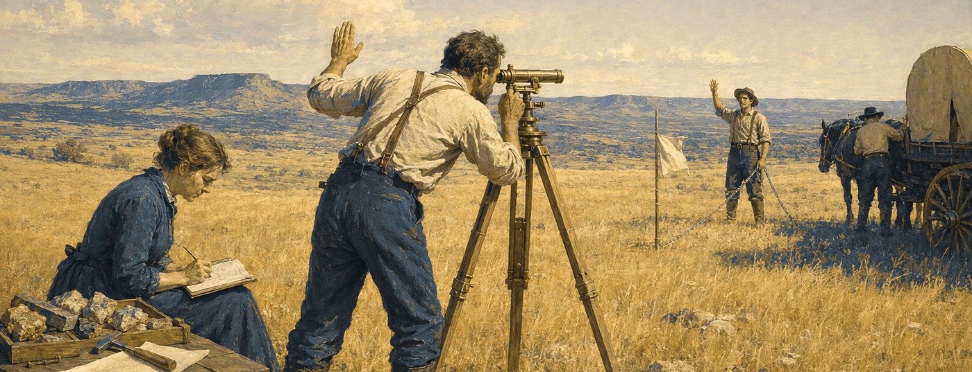 The Wide Resource Empire – surveyors marking claims across open grassland