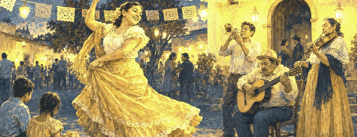 The Celebration Engine – a dancer and musicians in a lantern-lit plaza
