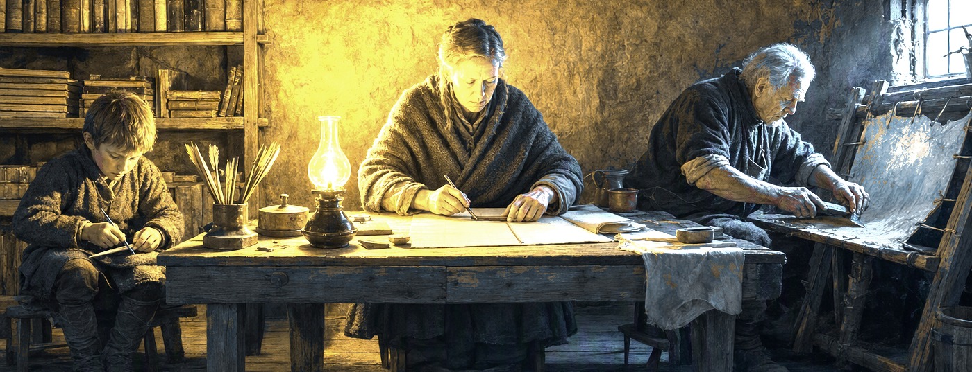 The Great Work Engine – scribes and craftspeople working by lamplight